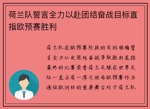 荷兰队誓言全力以赴团结奋战目标直指欧预赛胜利