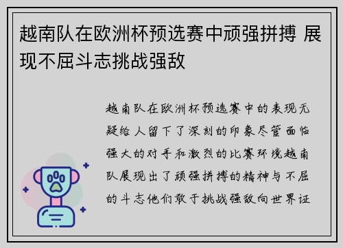 越南队在欧洲杯预选赛中顽强拼搏 展现不屈斗志挑战强敌